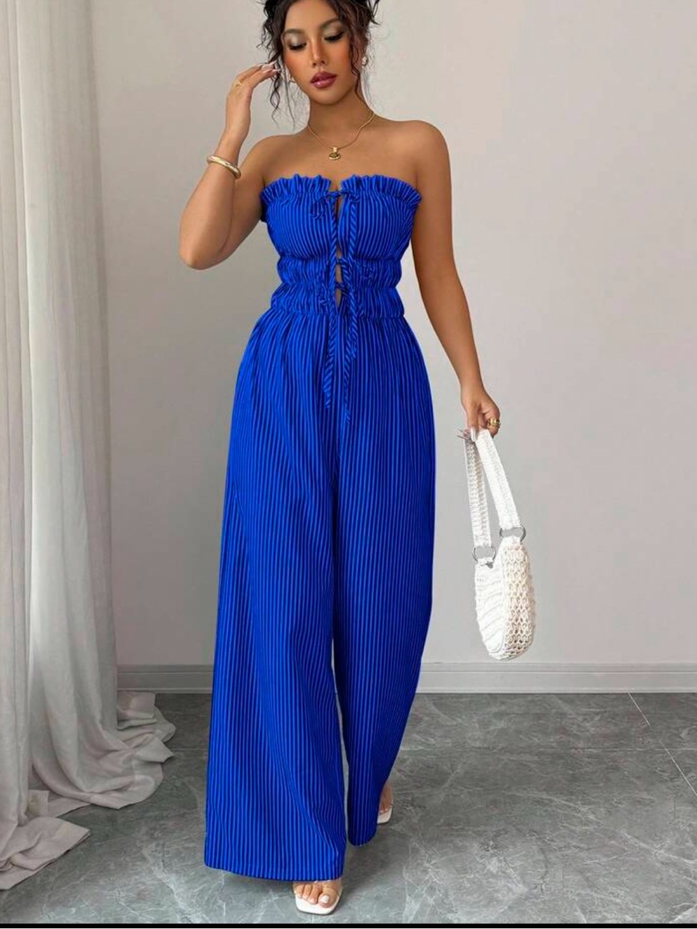SHEIN Royal Blue Strapless Smocked Wide-Leg Jumpsuit